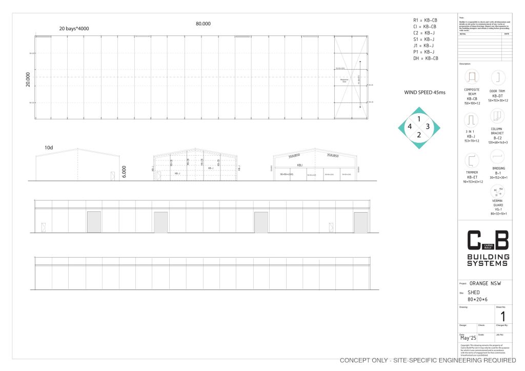 General arrangement concept for an 80 metre by 20 metre commercial shed