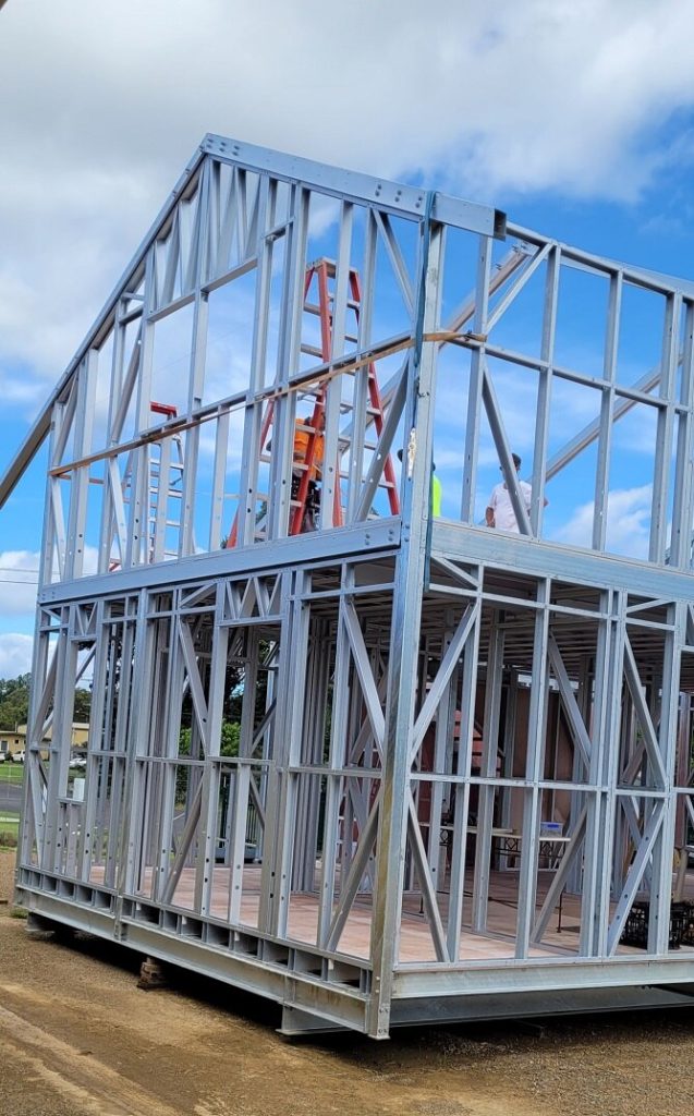 Two-storey light-gauge steel building frame under construction