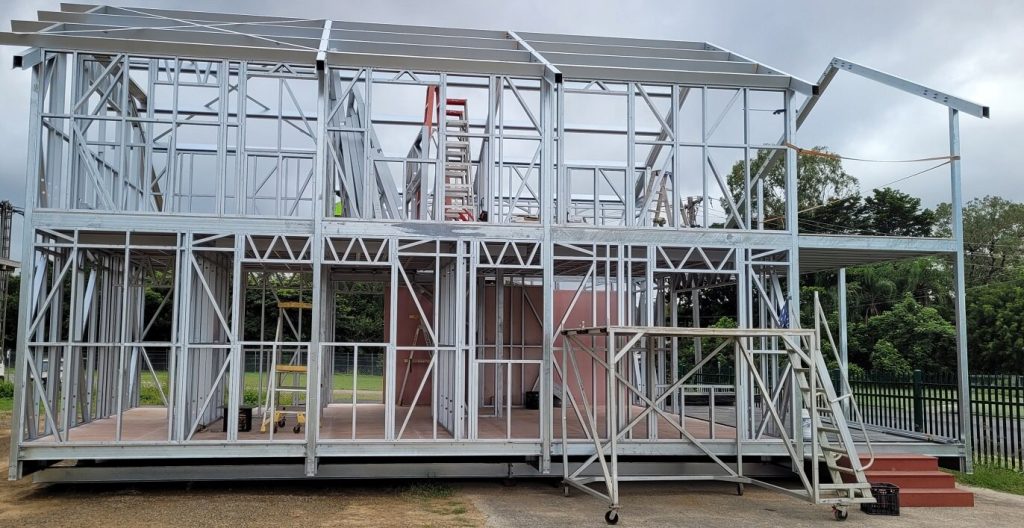 Two-storey modular steel frame during construction