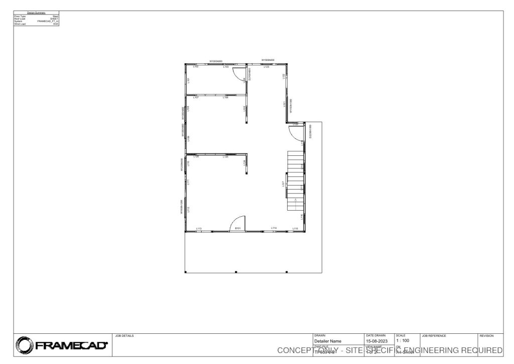 Ground floor framing plan for a two-bedroom modular steel home