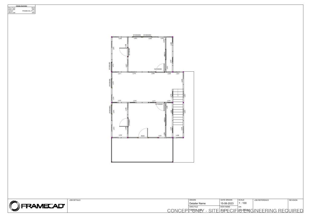 Upper floor framing plan for a two-bedroom modular steel home