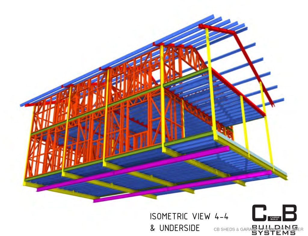 Three-dimensional underside and structural frame view of a modular steel home