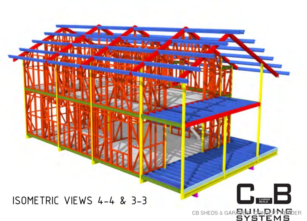 Three-dimensional structural frame view of a two-storey modular steel home